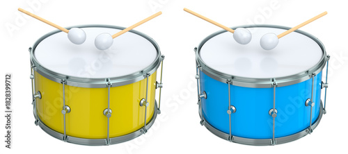 Set of drums and wooden drum sticks on white. 3d render of musical instrument