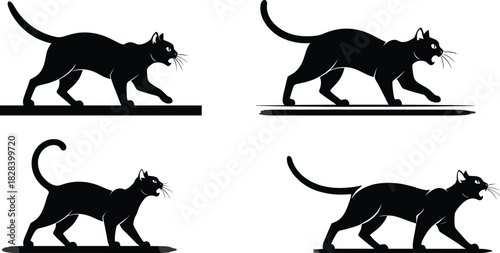 Cat silhouette, walking motion sequence, feline posture variation, tail gestures, shadow platform, pet behavior, black figure, white background, minimal design