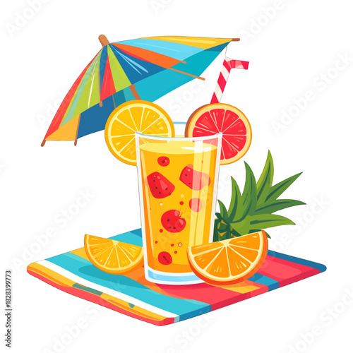 Tall Glass with Orange Juice and Tropical Fruits with a Striped Umbrella