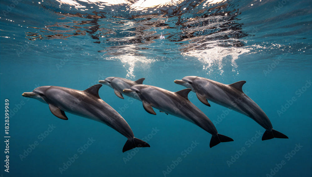 Naklejka premium Four common bottlenose dolphins swimming together underwater near the sunlit ocean surface