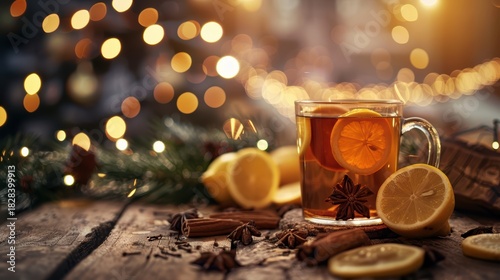 Winter Herbal Tea with Lemon and Cinnamon – Festive Cozy Background