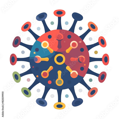 Stylized Depiction of a Coronavirus Molecule with Circular Structure in Red Blue and Yellow Color Scheme Isolated on White Backdrop