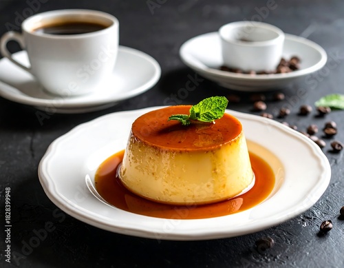 Caramel custard dessert with coffee and mint on a dark surface