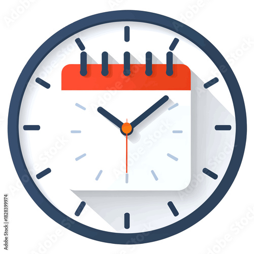 Clock Face with Calendar Icon Overlay Featuring Shadow and Red Accent in a Flat Design Aesthetic Isolated on White