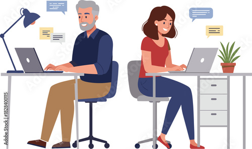 Cartoon office workers at desks using laptops, man with beard and younger colleague communicating, remote work teamwork illustration design