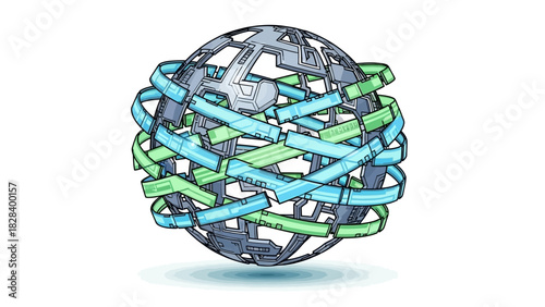 Abstract globe illustration with interwoven bands a conceptual design element for global connectivity and network solutions isolated on white