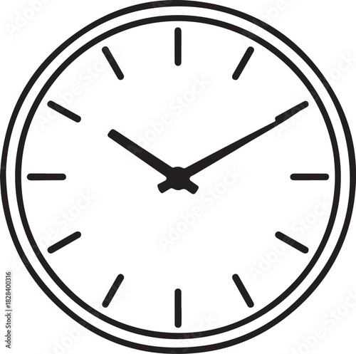 Outline vector icon of a wall clock showing time with minute and hour hands on a black background