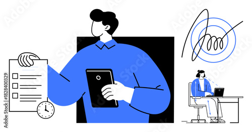Digital workflow. A person manages tasks digitally with a tablet and checklist alongside remote work and time management concepts. Digital workflow integrates technology with efficiency