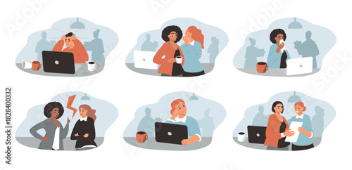 Flat style vector illustration. A set of images depicting emotions between colleagues in the office, at work. Burnout, gossip, aggression, crying, friendship, hatred