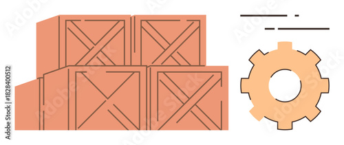 Stacked wooden crates beside a large gear cog outline represent supply chain, storage, and manufacturing. Ideal for logistics, inventory, operations, engineering, packaging, warehouse simple flat