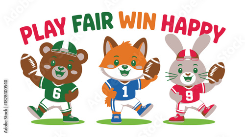 Cartoon Animals Bear Fox Rabbit Play Football Super Bowl Sunday Illustration with Play Fair Win Happy Text