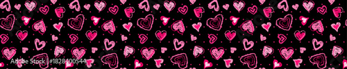 seamless romantic pattern with hand-drawn pink hearts and dots on a black background, ideal for valentine's day