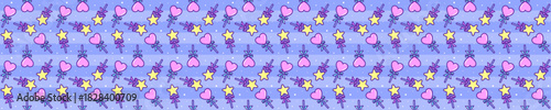 A whimsical pattern featuring pink heart lollipops and yellow star wands tied with bows, set against a pastel blue striped background with scattered white dots.