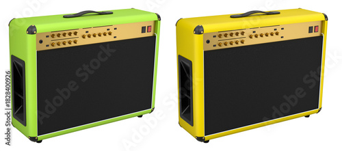 Set of classical electric and acoustic guitar amplifier isolated on white background.