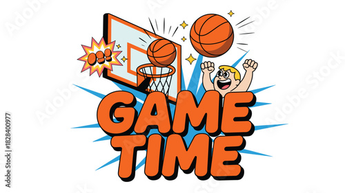 Cartoon Basketball Game Time with Cheering Fan, Basketball Hoop, and Comic Book Style Graphics