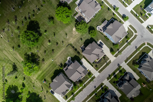 Aerial view of luxury homes top down view in a neighborhood in Columbus suburbs.