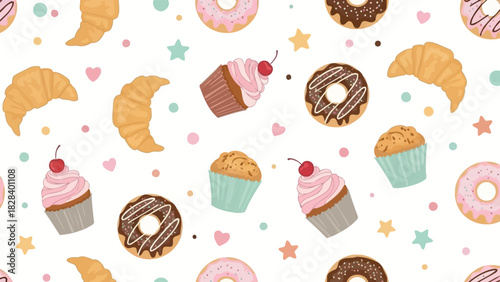 Seamless pattern of sweet pastries including donuts croissants and cupcakes vector illustration for textile and wallpaper design