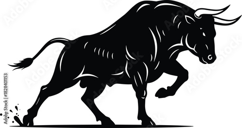 Charging bull silhouette, muscular stance, open mouth, dust effect, black illustration, power symbol, aggression, financial icon, sports energy, bold design