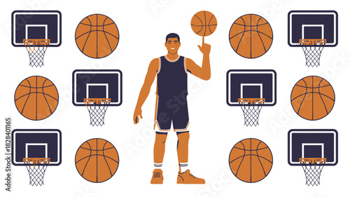 Cartoon Basketball Player Spinning Ball with Hoops and Balls Illustration Background Art