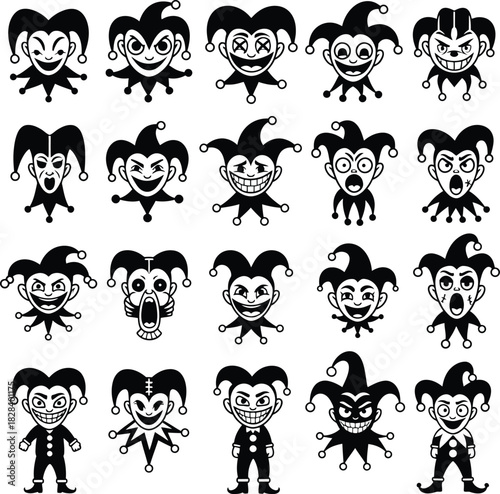 Jester and clown face expression icon set