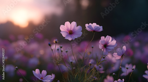 Ephemeral Floral Fantasy: A soft focus shot reveals a field of delicate cosmos flowers bathed in the ethereal glow of the setting sun, evoking a sense of tranquility.