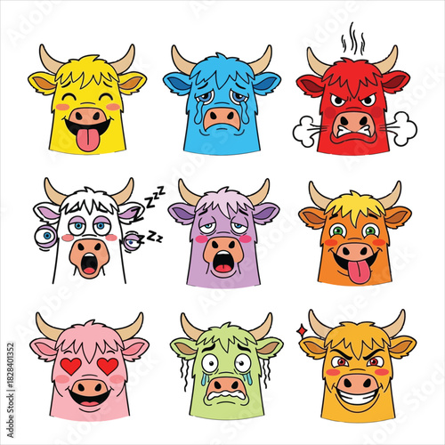 Cartoon cow expressions set with emotions