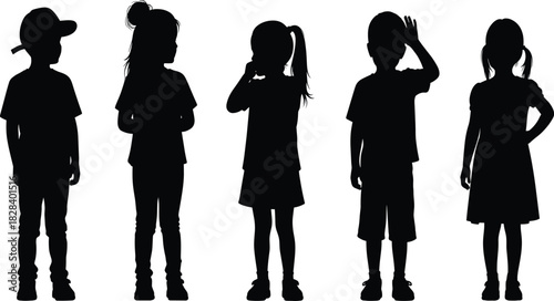 Children silhouette set in varied poses, black and white illustration, expressive gestures and casual clothing, body language concept, white background