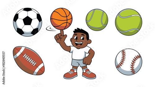 Cartoon Boy Spinning Basketball with Soccer Ball, Football, Baseball, and Tennis Balls Around