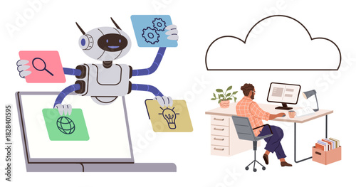 Robot performing tasks on a laptop with icons for ideas, settings, search, and internet. Worker sits with desktop and cloud representing data storage, collaboration, and AI integration. Ideal