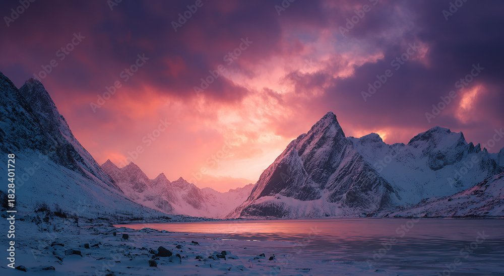 Fototapeta premium Snow-capped mountain range under vibrant aurora borealis at dusk; natural landscape concept.