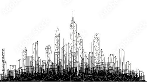 Abstract cityscape illustration low poly wireframe design of a modern city skyline isolated on white background