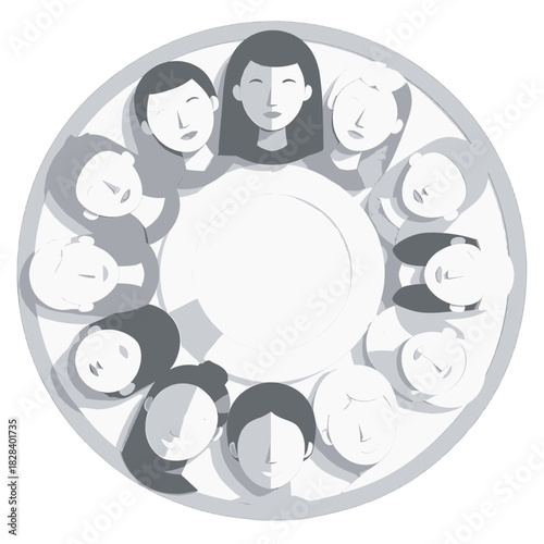 Monochrome Illustration of People Gathered in a Circle on a Gray Background