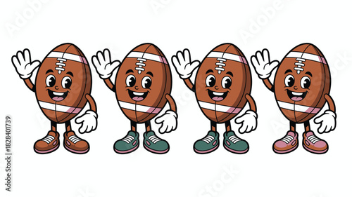 Cartoon Football Characters Waving on White Background Super Bowl Sunday Celebration and Team Spirit