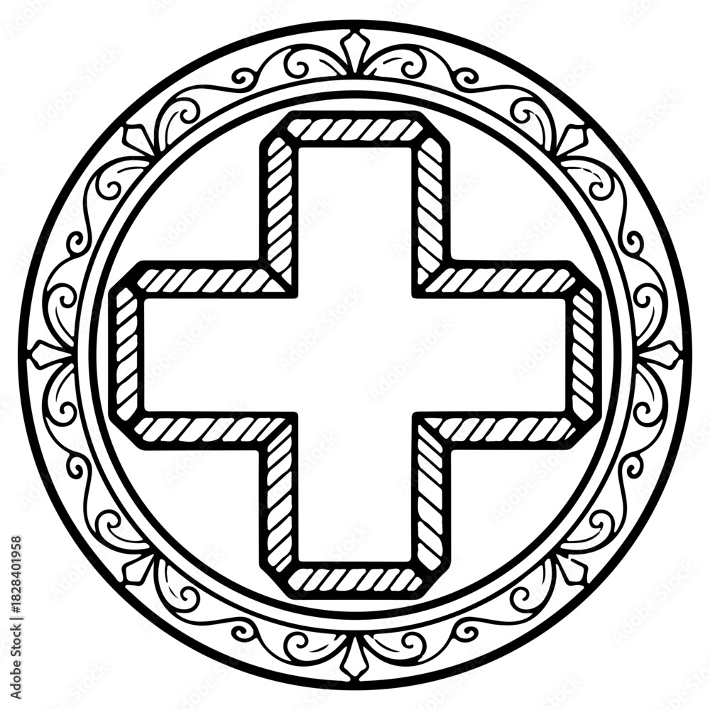 Obraz premium Medical cross emblem or decorative coin illustration hand drawn sketch style isolated on white background suitable for healthcare branding or first aid design concepts high quality