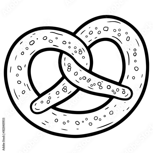 Traditional twisted pretzel illustration savory snack food hand drawn in black and white ink sketch style isolated on white background suitable for bakery or oktoberfest designs