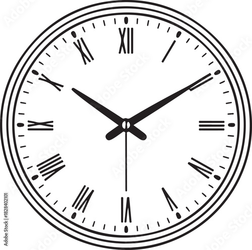 Vector clock face with classic Roman numerals and three hands showing time isolated on transparent background