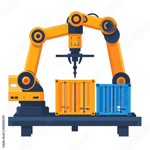 Robotic Arm Lifting Two Shipping Containers in Industrial Process on a White Background, Featuring a Yellow and Blue Color Scheme