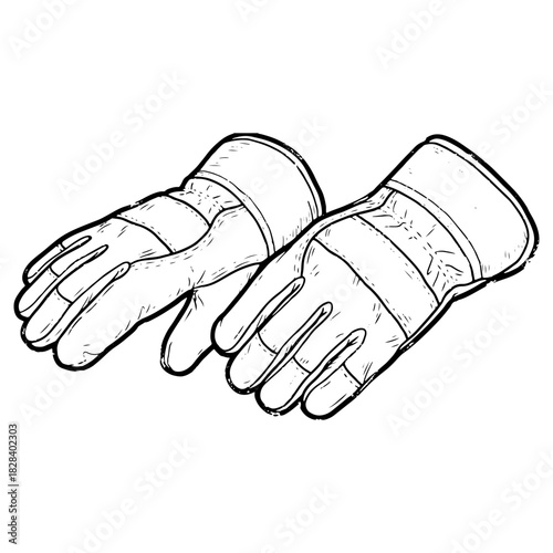 Hand drawn pair of work gloves illustration isolated on white. High quality black and white sketch perfect for gardening guides construction and safety icons.