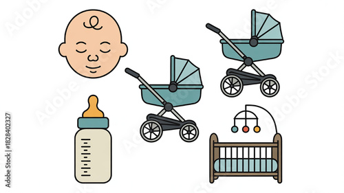 Baby care vector icon set featuring a baby face stroller bottle and crib simple flat design elements isolated on white background