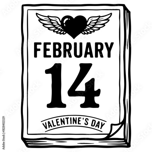 Hand drawn valentines day calendar illustration isolated on white. High quality black and white sketch perfect for love themes romantic dates and february designs.