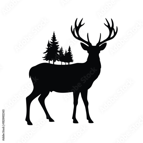Majestic Black Silhouette of a Deer with Trees on its Back, deer in forest stance silhouette vector illustration