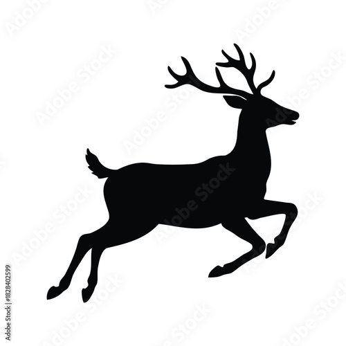 Black silhouette of a reindeer prancing against a plain white background, deer running silhouette vector illustration