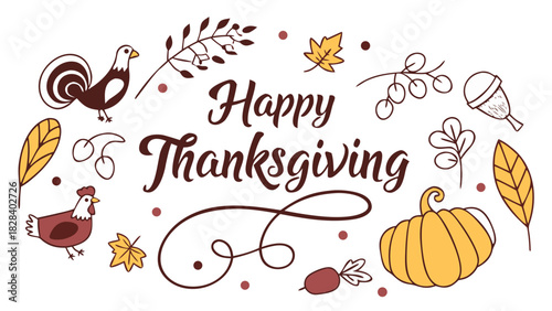 Vector illustration of words ‘Happy Thanksgiving’ in elegant calligraphy, surrounded by festive icons like pumpkins, leaves, turkey, and acorns