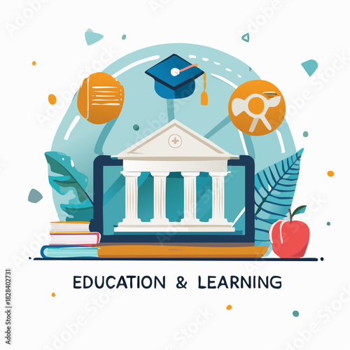 Online education and e-learning concept with a laptop displaying a university building, graduation cap, and academic symbols in a modern flat vector design