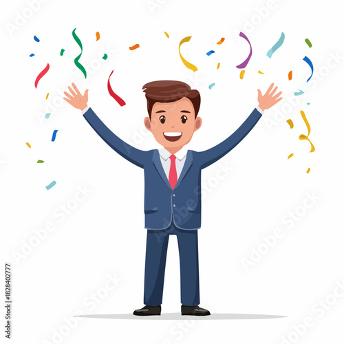 Ecstatic businessman celebrating a monumental achievement with arms raised amidst a shower of colorful confetti, symbolizing joy, success, and professional triumph in a vibrant, festive atmosphere