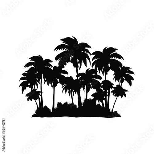 Black and white silhouette illustration of tropical palm trees and shrubbery, dense jungle trees silhouette vector illustration