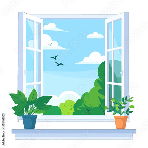 Open White Window with Bird View and Green Plants Pixel Art Style Illustration