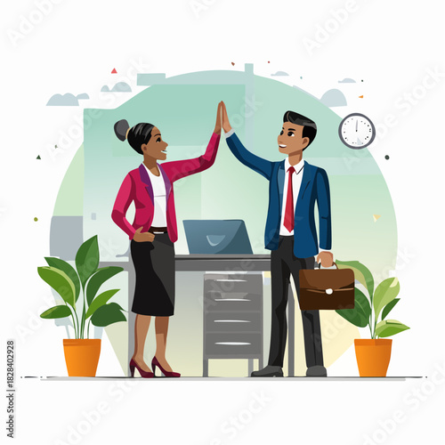 Happy diverse business colleagues high-fiving in a modern office, celebrating success, teamwork, and a job well done. Professional collaboration and achievement concept illustration