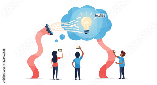 Brainstorming Collaboration: Creative Team Inputs Lead to the Solution Lightbulb Idea Concept.