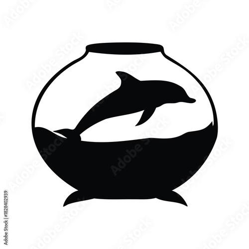 Black Silhouette of a Dolphin Jumping in a Fishbowl on a White Background, dolphin in aquarium silhouette vector illustration